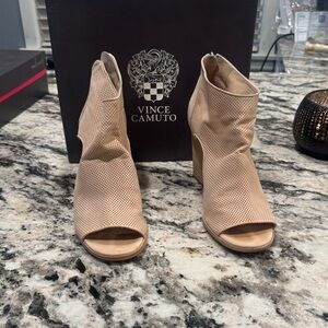 Vince Camuto Beige Perforated Peep-Toe Block Heel Booties